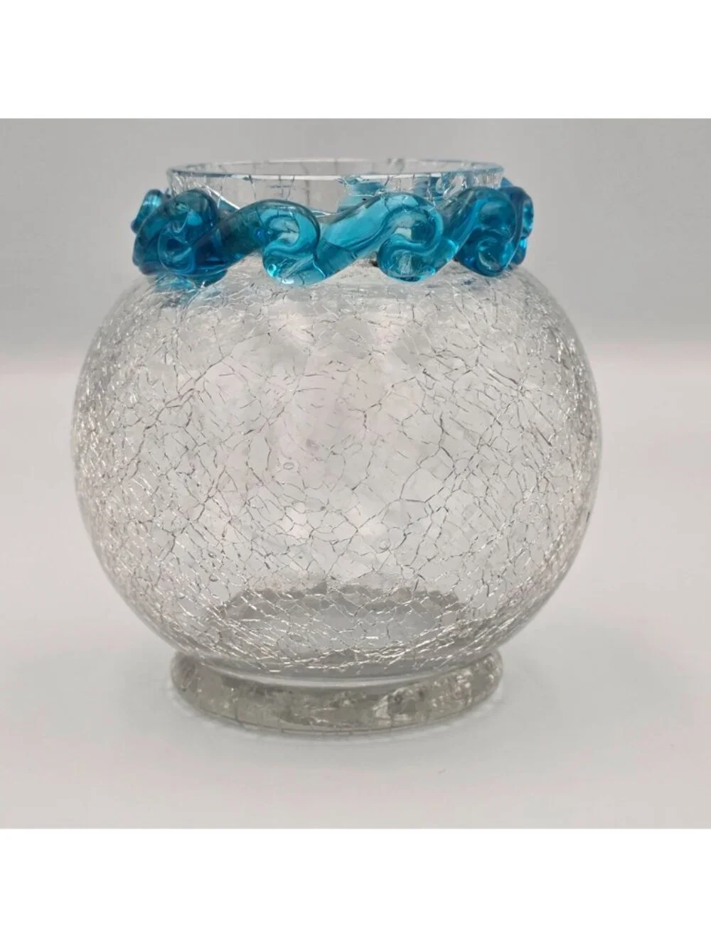 Hand-Blown Crackle Glass Small Vase Blue Swirl Rim 4
